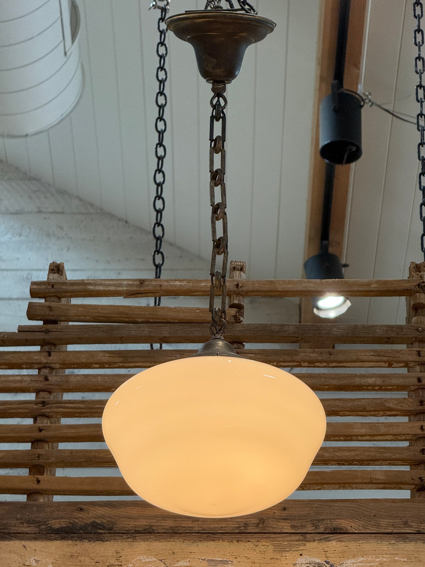 Rare 1930s Dish / Flying Saucer Schoolhouse Pendant with Original Forged Iron Chain