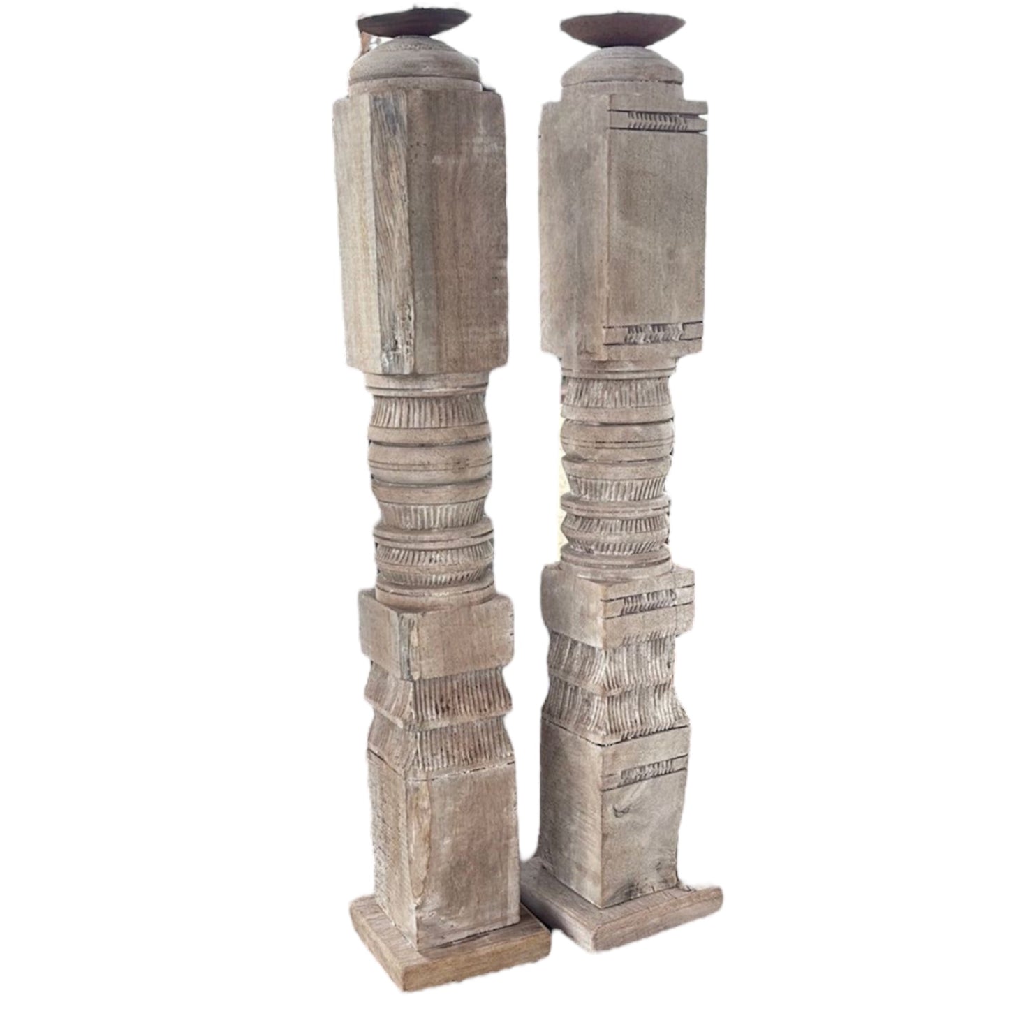 Pair Bleached Wood Carved Candle Stick - 2' Tall