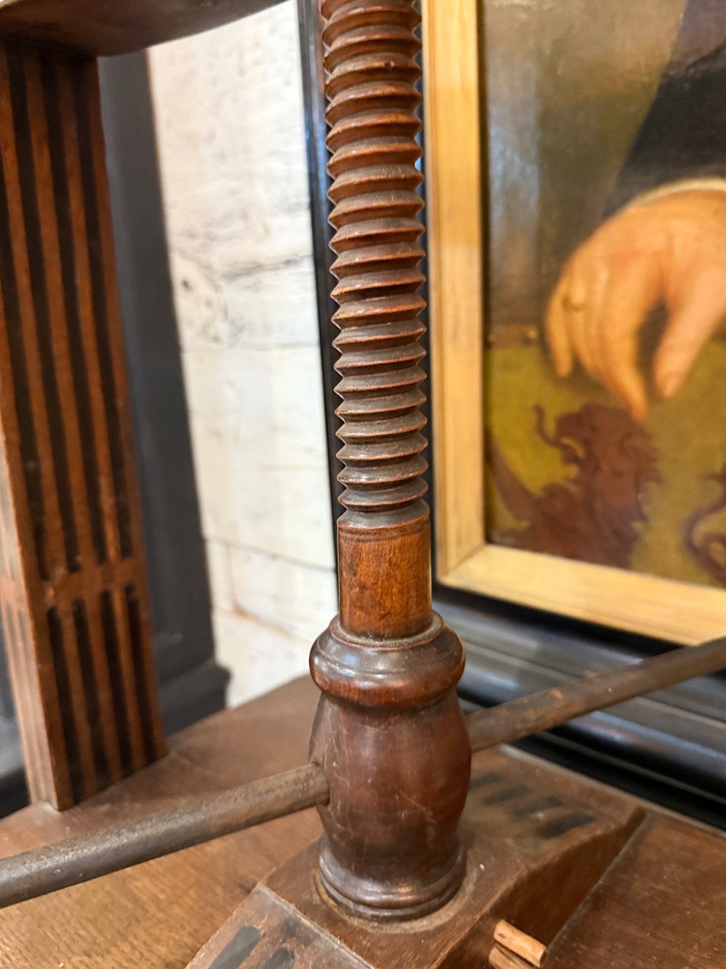 Wood Book Press with Turned Columns and Crank Handle
