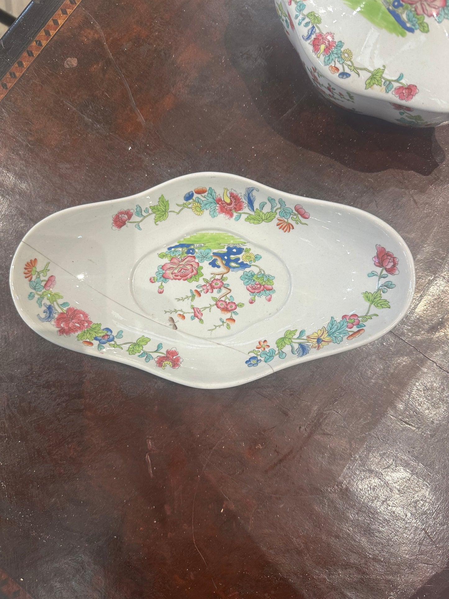 Spode Small Indian Tree Tureen with Lid and Staple Repaired Underplate