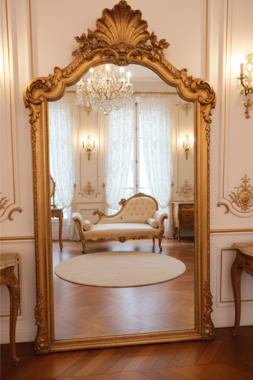Tall French Louis XV Giltwood Mirror with Rococo Crest