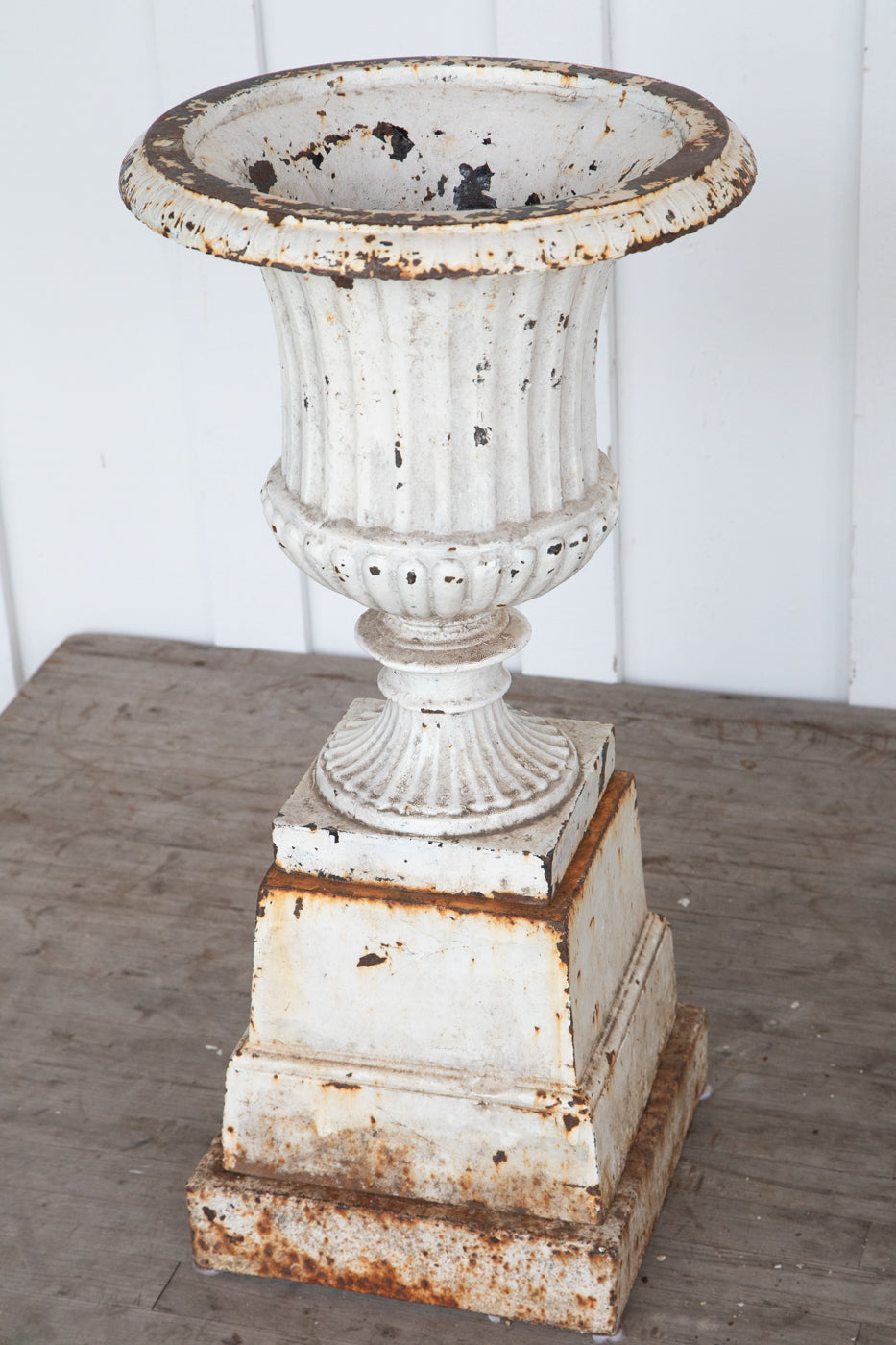 White Cast Iron Urn on Pedestal 27"H x 15"W