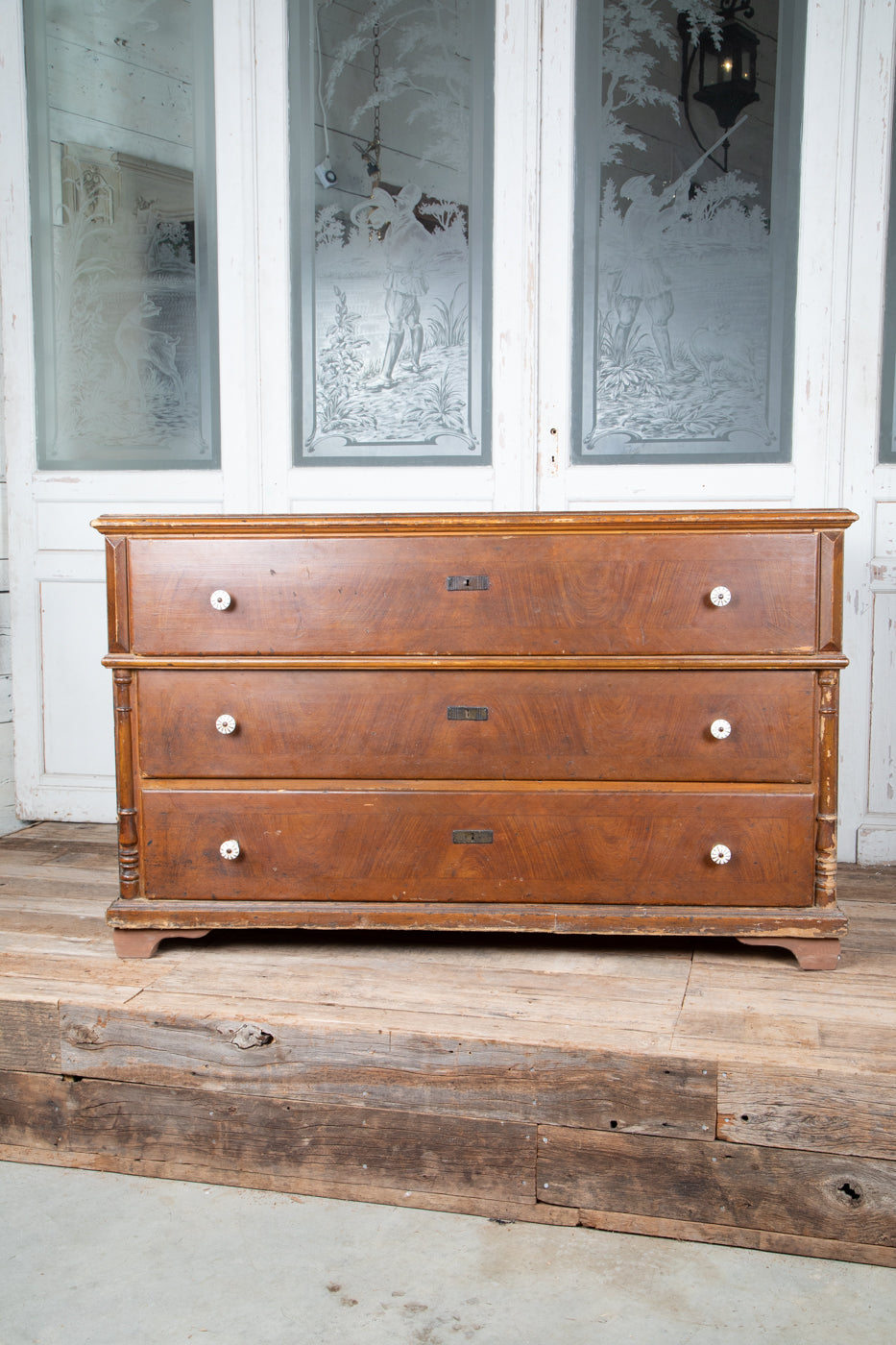 Large French 3 Drawer Dresser with White Knobs and Light Top