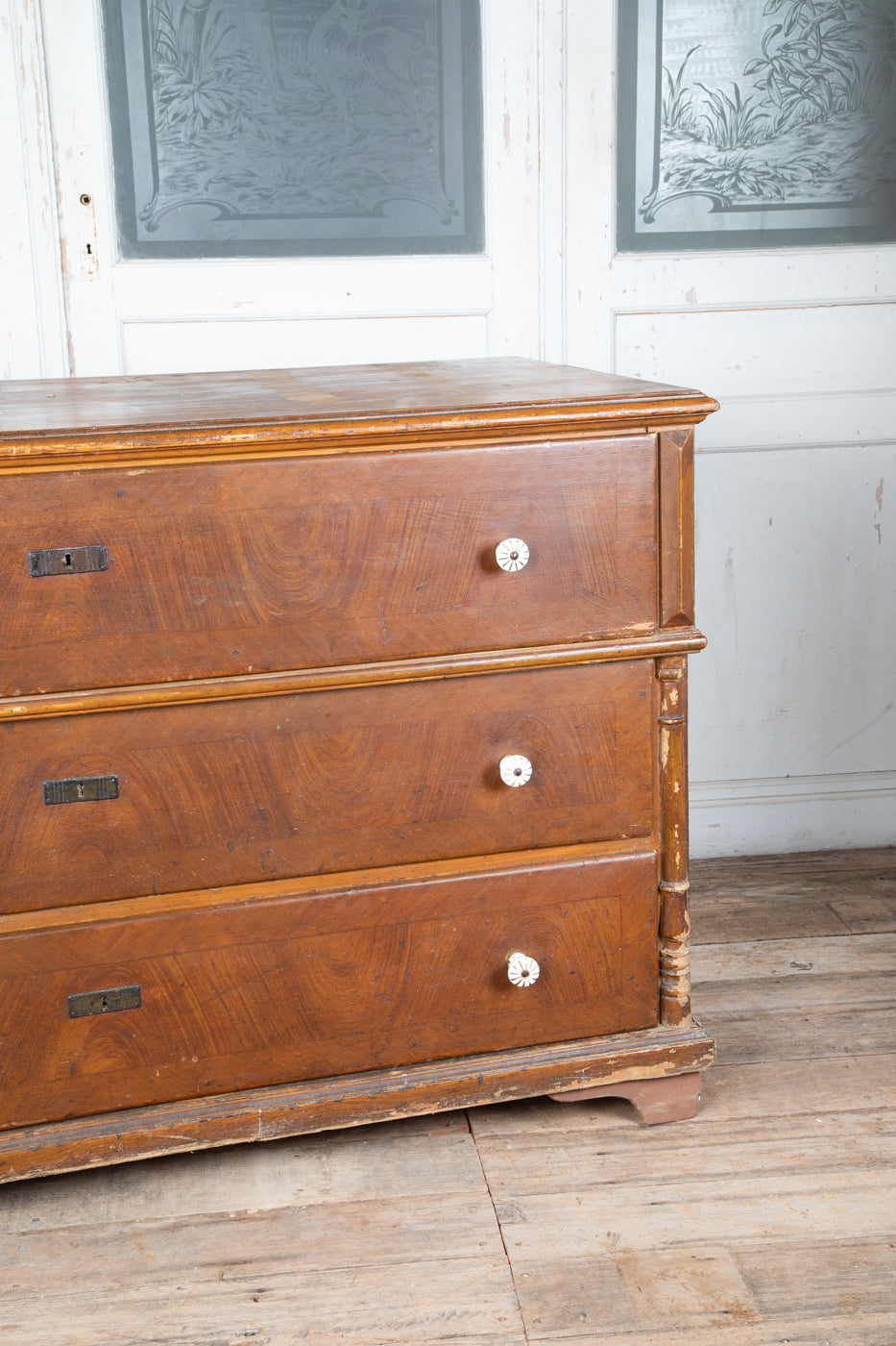 Large French 3 Drawer Dresser with White Knobs and Light Top