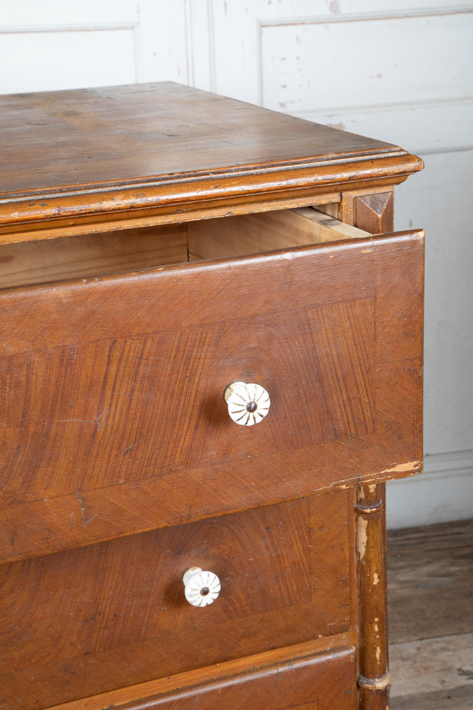 Large French 3 Drawer Dresser with White Knobs and Light Top