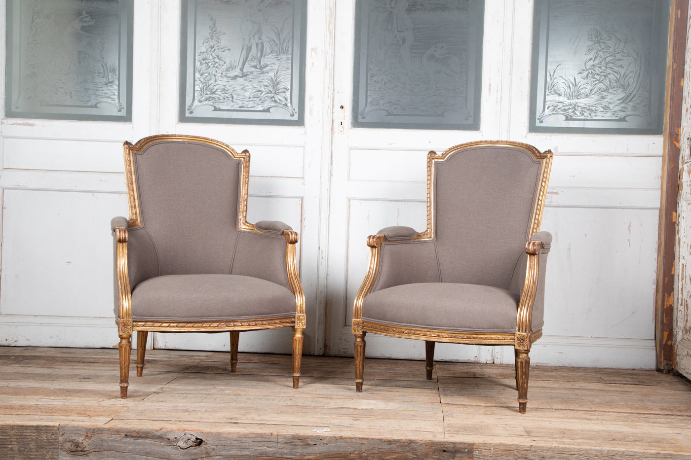 Reupholstered Louis XVI Style Gilt Bergere Armchair