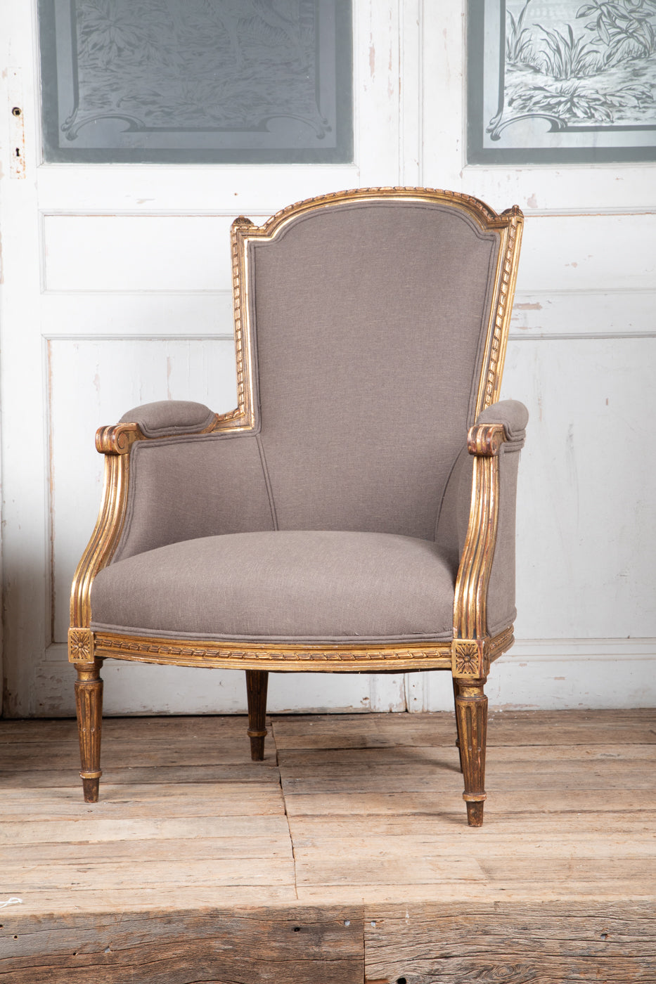 Reupholstered Louis XVI Style Gilt Bergere Armchair