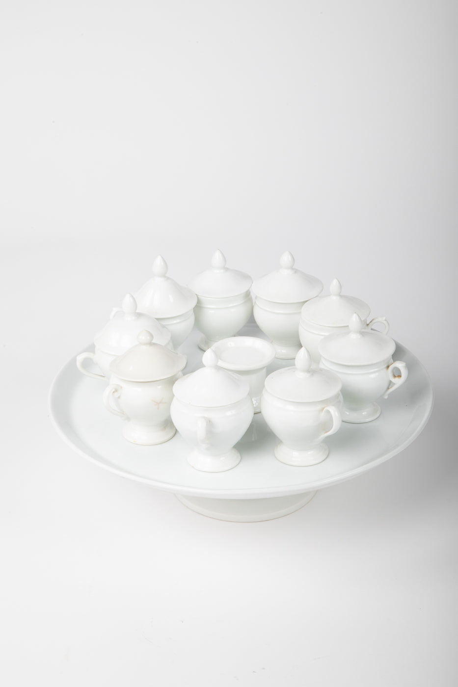 Antique French White Porcelain Pots de Crème Service on Pedestal Stand – 9 Pieces