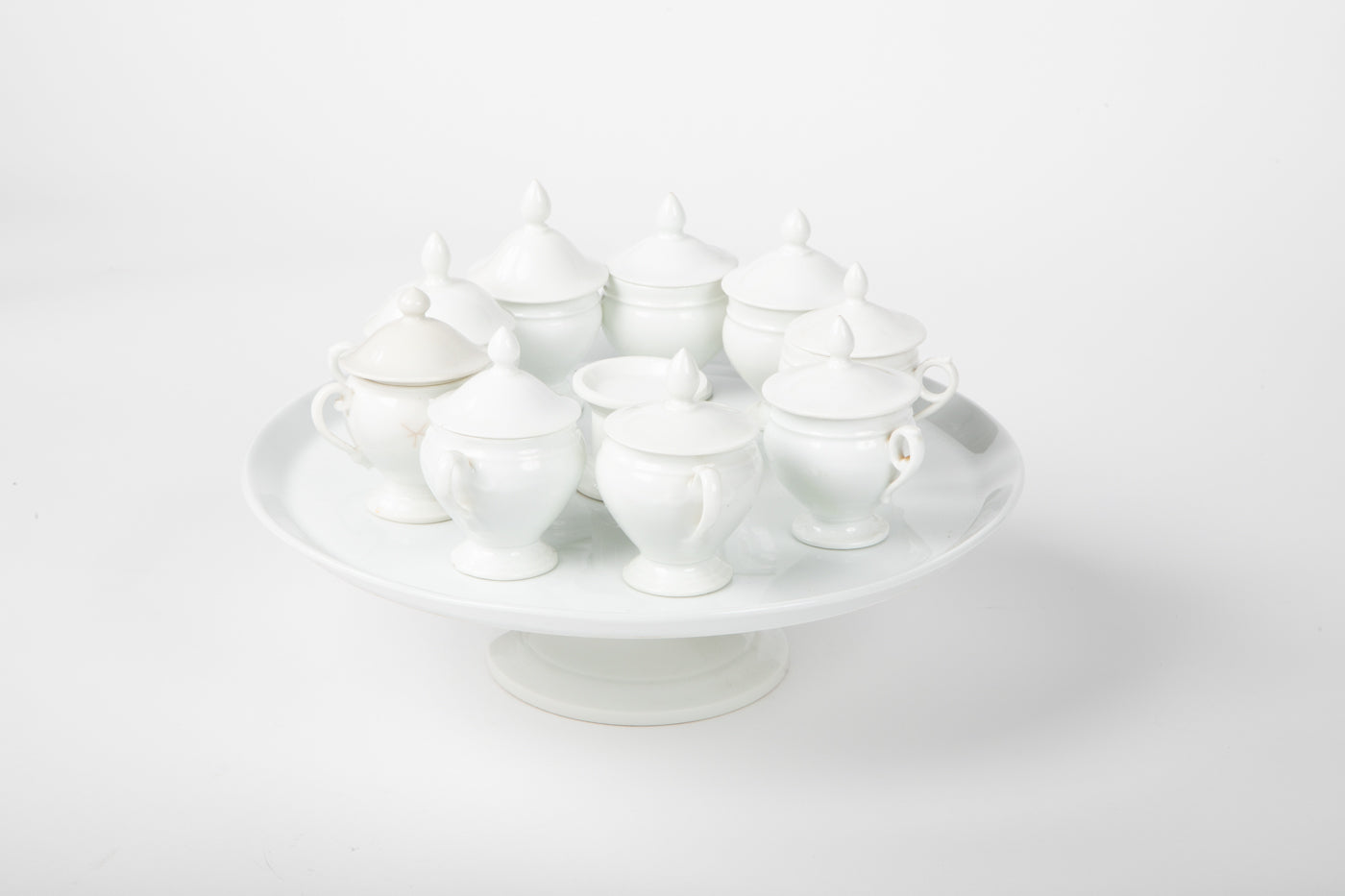 Antique French White Porcelain Pots de Crème Service on Pedestal Stand – 9 Pieces
