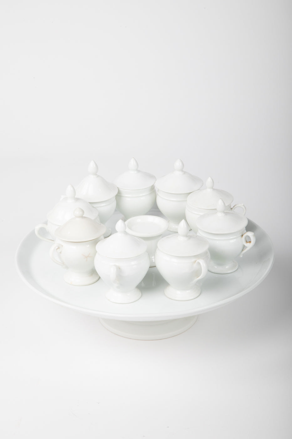 Antique French White Porcelain Pots de Crème Service on Pedestal Stand – 9 Pieces