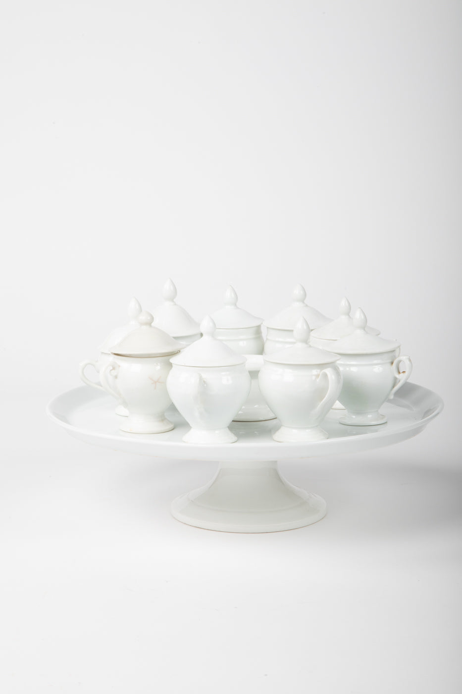 Antique French White Porcelain Pots de Crème Service on Pedestal Stand – 9 Pieces
