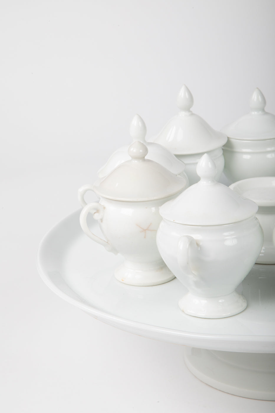 Antique French White Porcelain Pots de Crème Service on Pedestal Stand – 9 Pieces