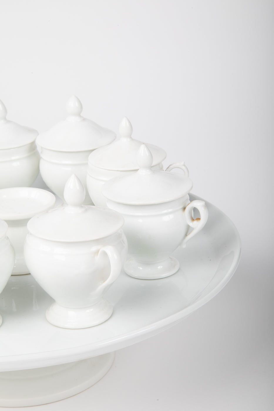 Antique French White Porcelain Pots de Crème Service on Pedestal Stand – 9 Pieces