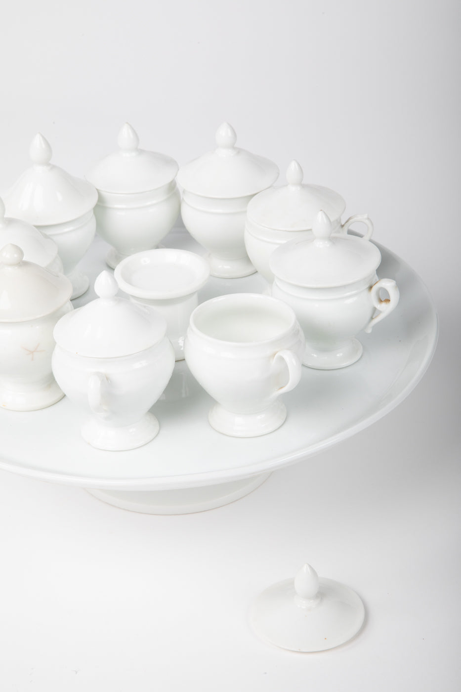Antique French White Porcelain Pots de Crème Service on Pedestal Stand – 9 Pieces