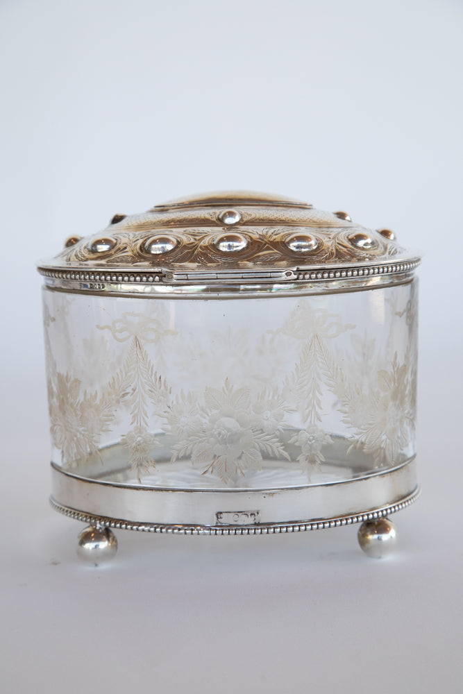 Glass and Silver Biscuit Box with Queen Victoria Stamp