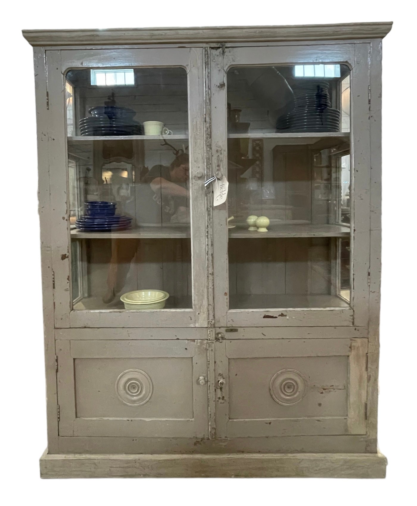 Vintage French Beige Display Case With 2 Glass Doors