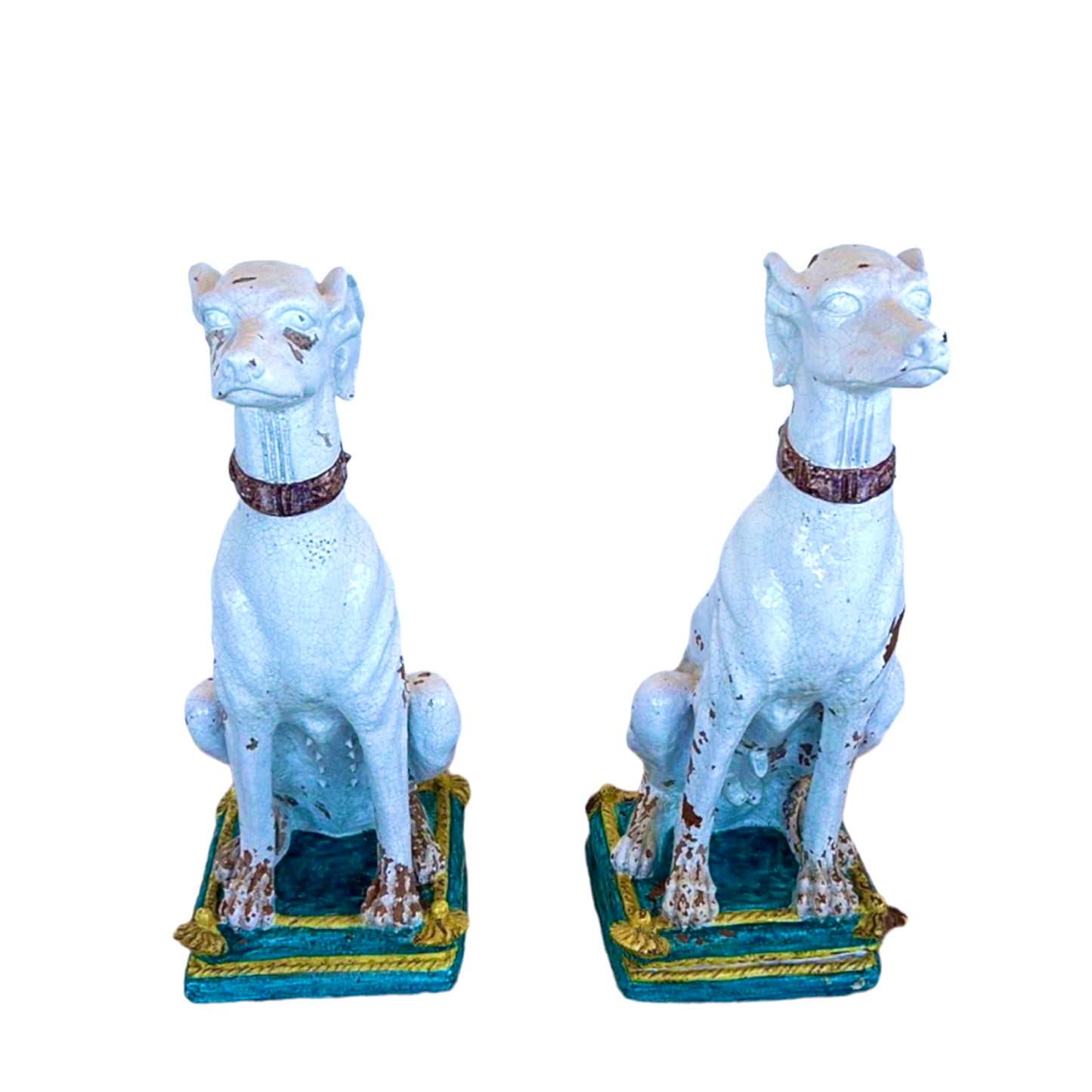 Pair of Life-Size Italian Majolica Hound Statues, Mid-20th Century
