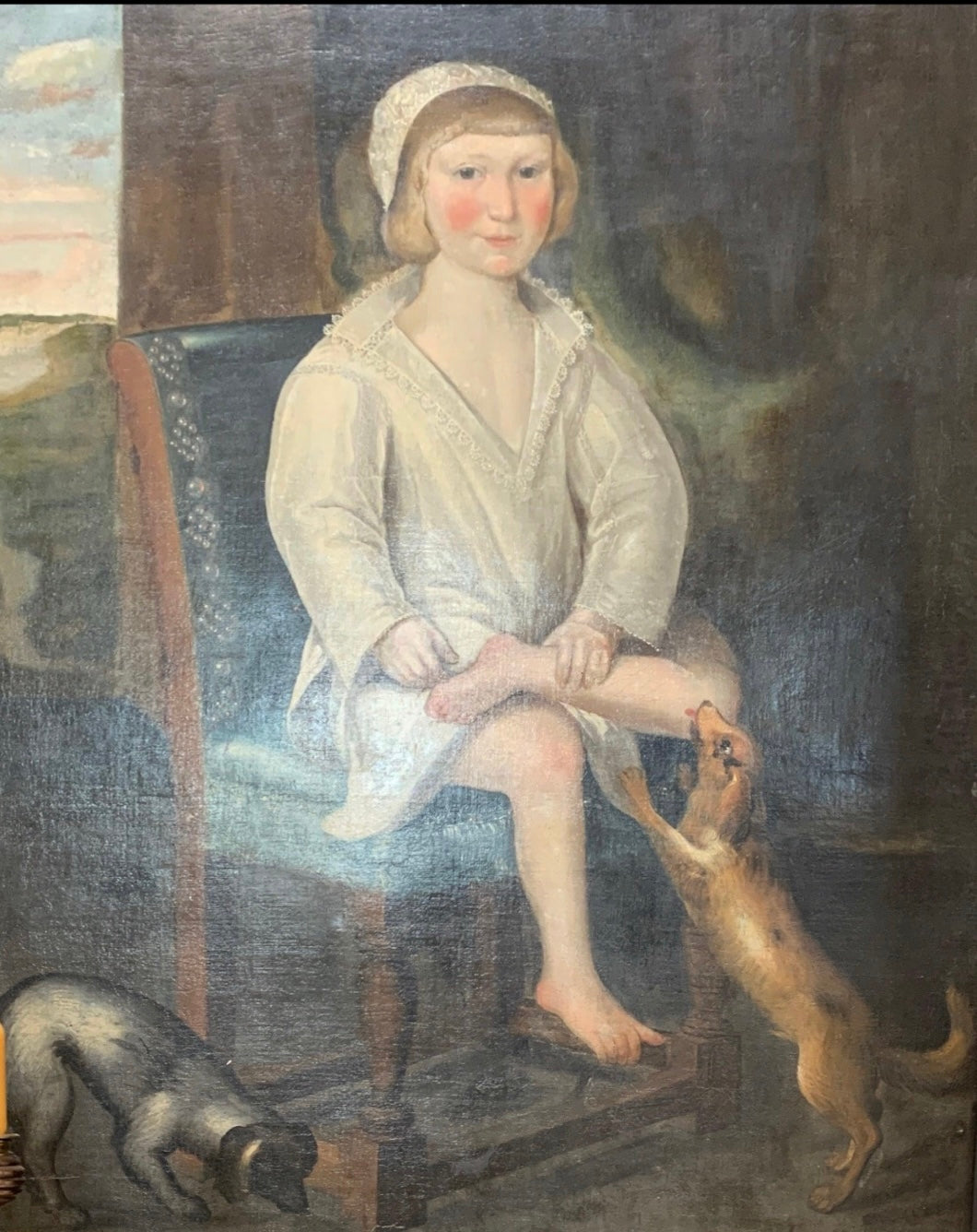 Oil Painting Boy Child with Dogs