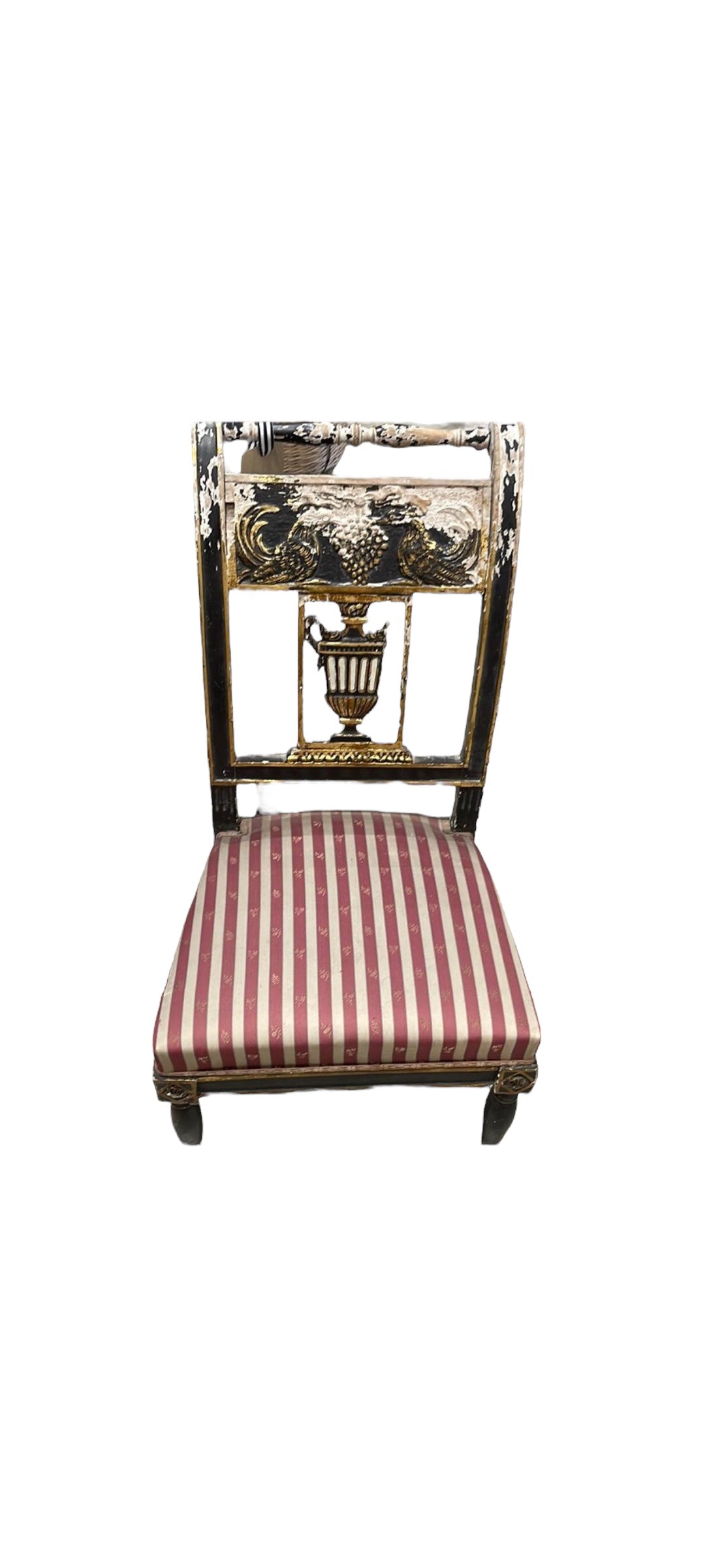 Black and Gilt Ornate Chair with Red and White Fabric Seat