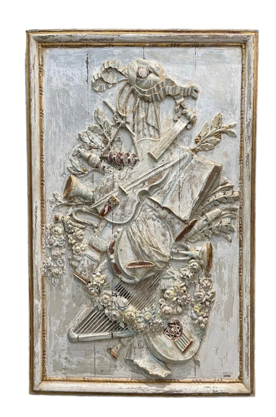 Original Painted Carved Limewood Panel Depicting Musical Instruments