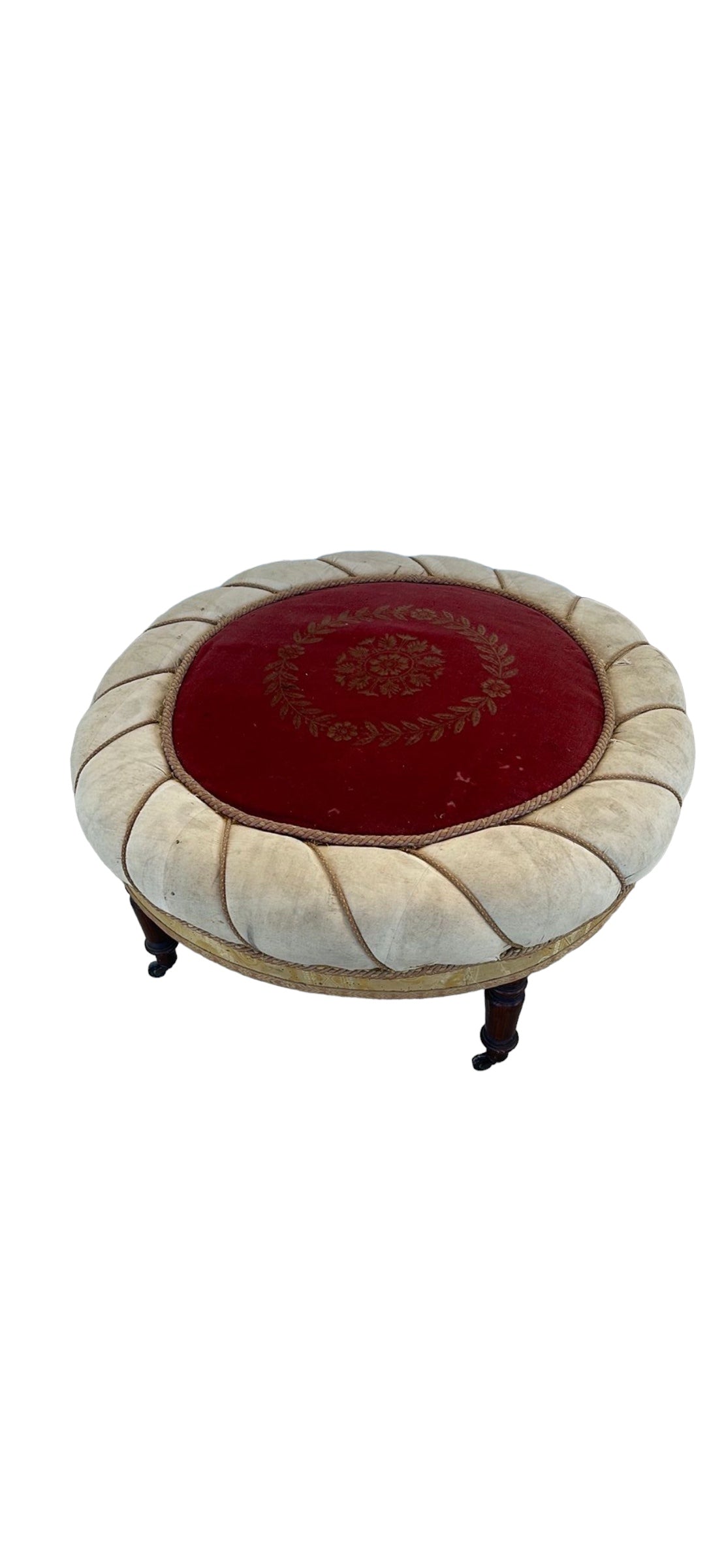 Large Circular Ebonised and Upholstered Centre Stool or Ottoman