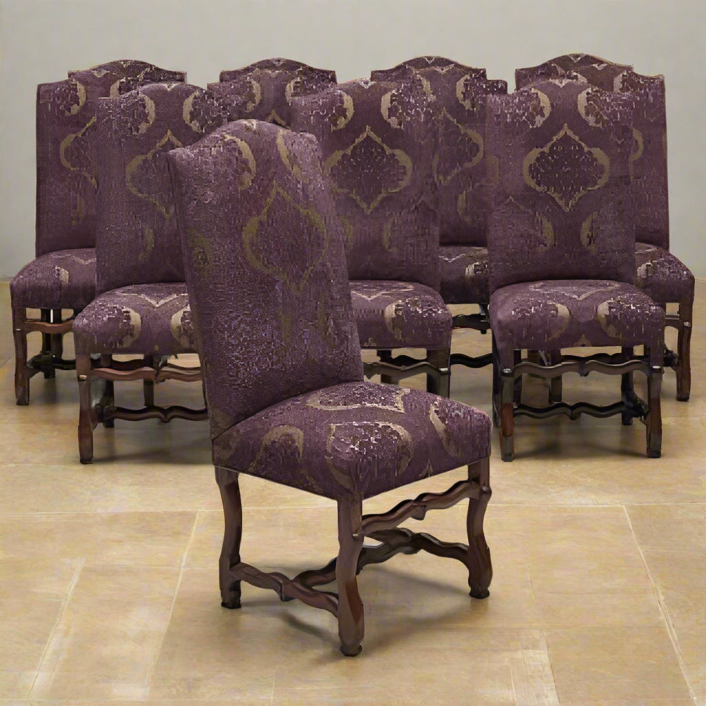 Renzo Mongiardino Baroque Dining Chairs – Hand-Carved Walnut & Silk Damask Upholstery