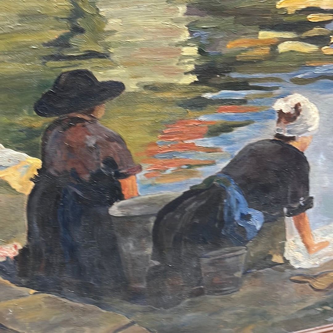 Laundry Scene Oil on Canvas - The White Barn Antiques