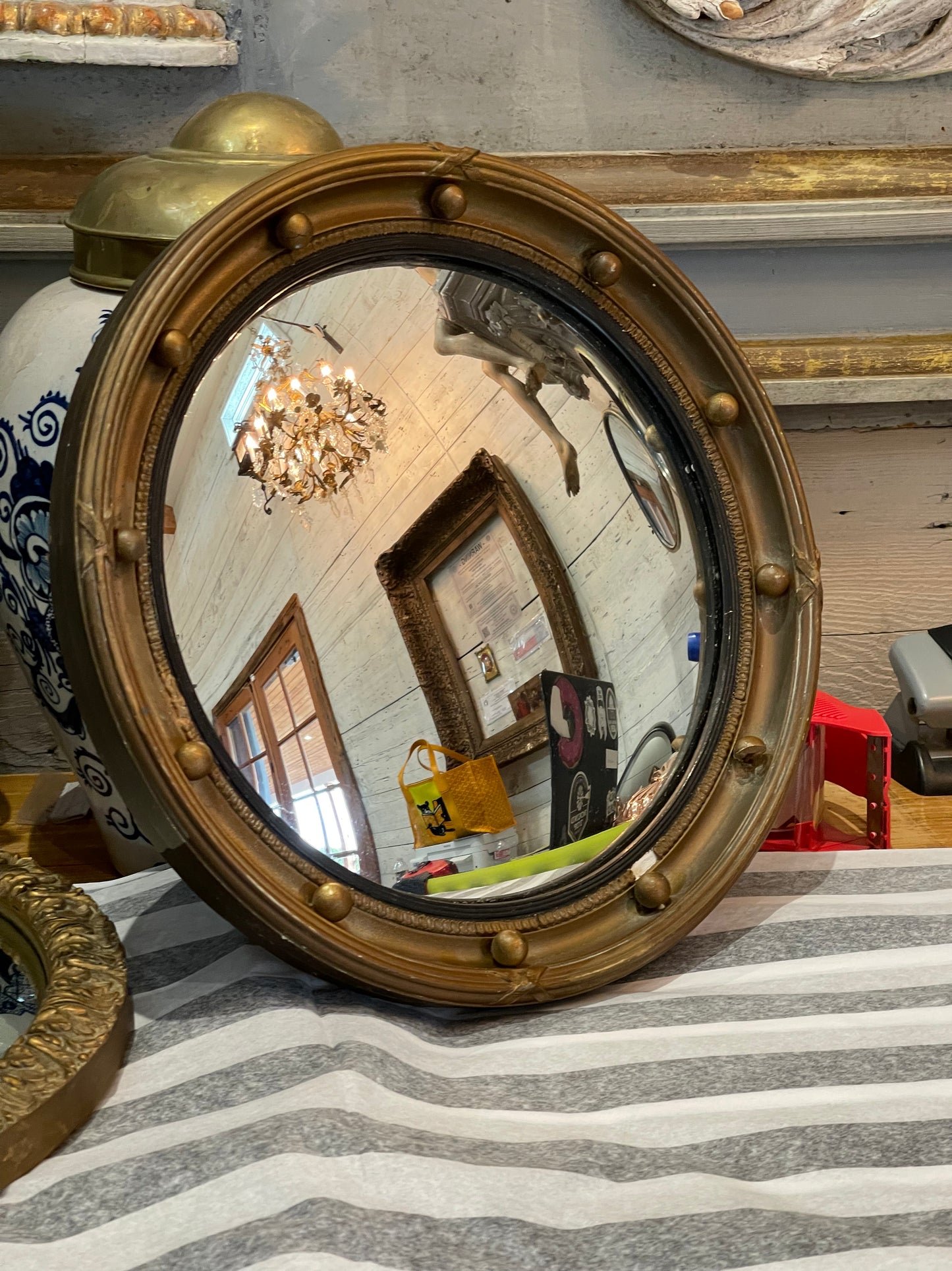 Mid-Century Gold Federal 12” Mirror - The White Barn Antiques