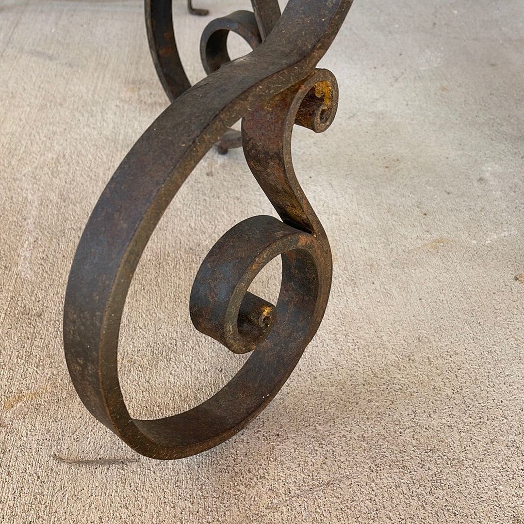 Wood Slatted Square Table with Scrolled Iron Base - The White Barn Antiques