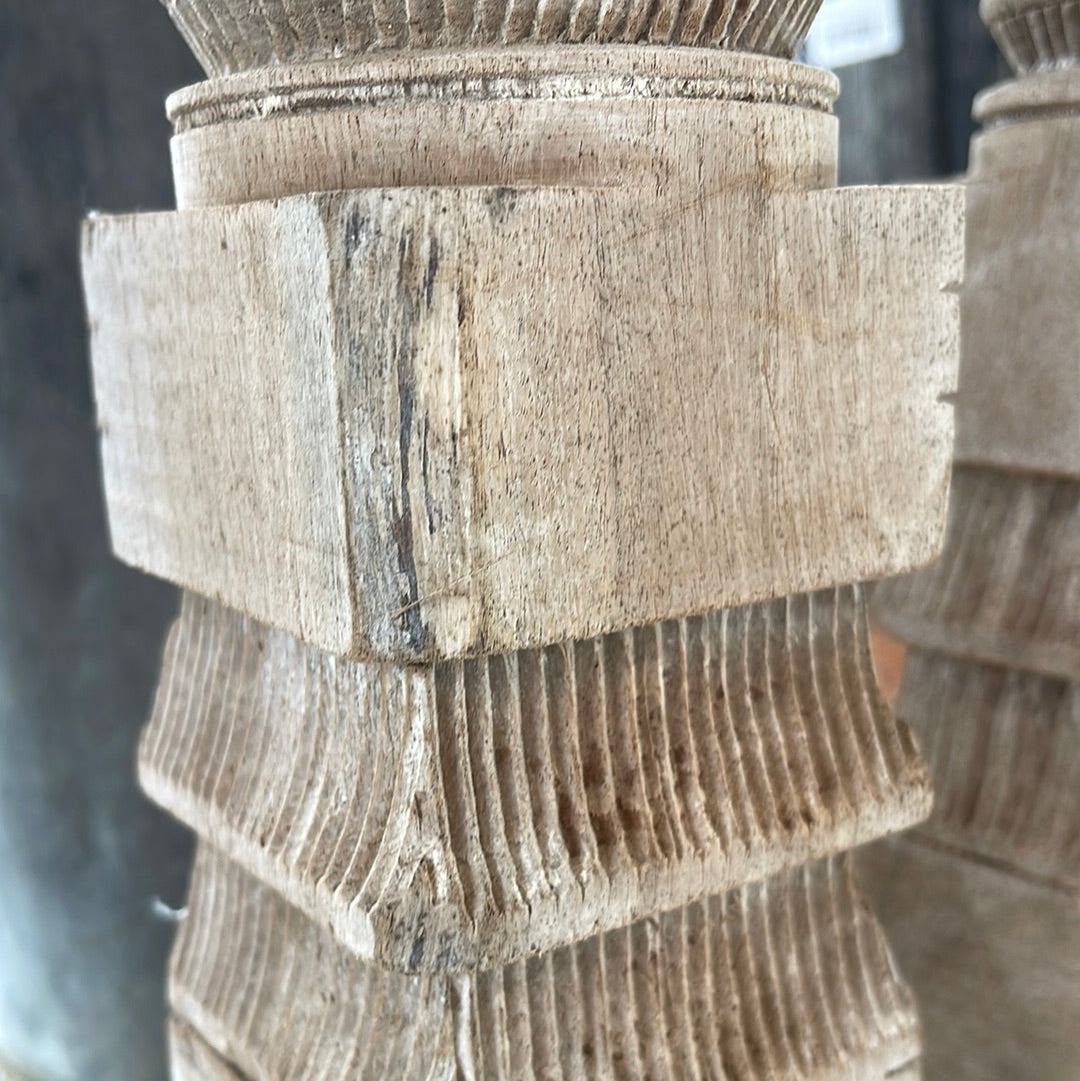 Pair Bleached Wood Carved Candle Stick - 2' Tall - The White Barn Antiques