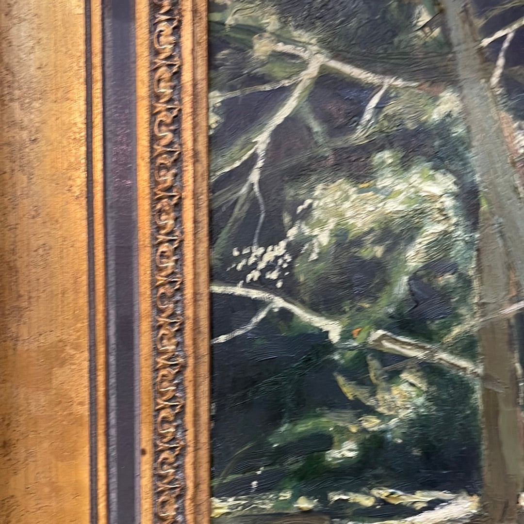 English Oil on Board Bank of Trees By R. Gore - The White Barn Antiques