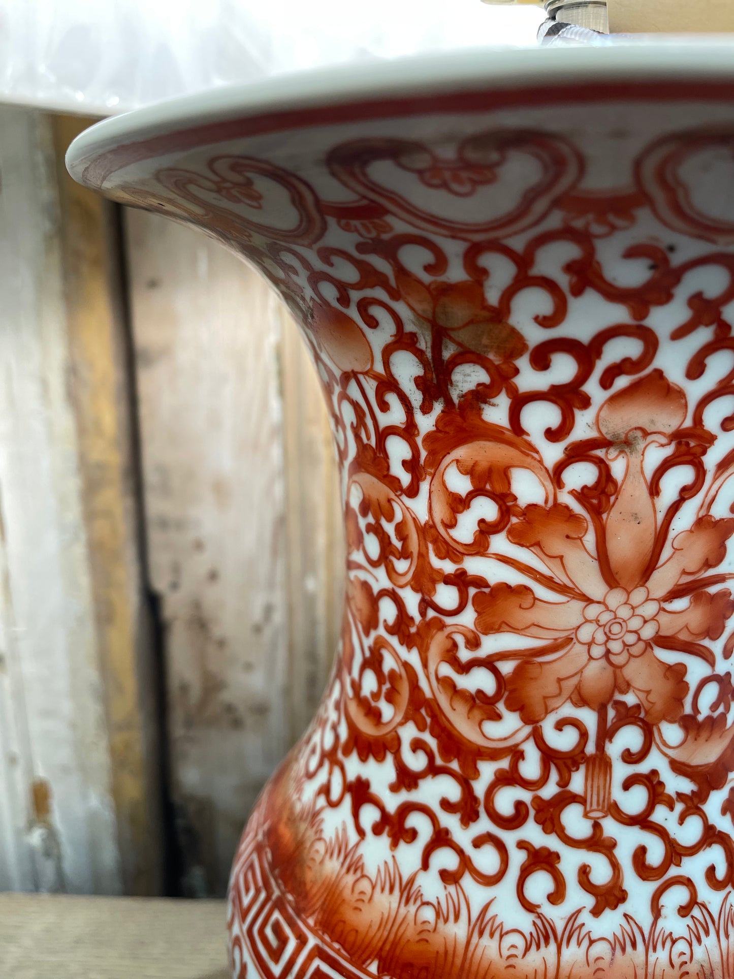 Chinese orange and white porcelain yen yen vase lamp - The White Barn Antiques