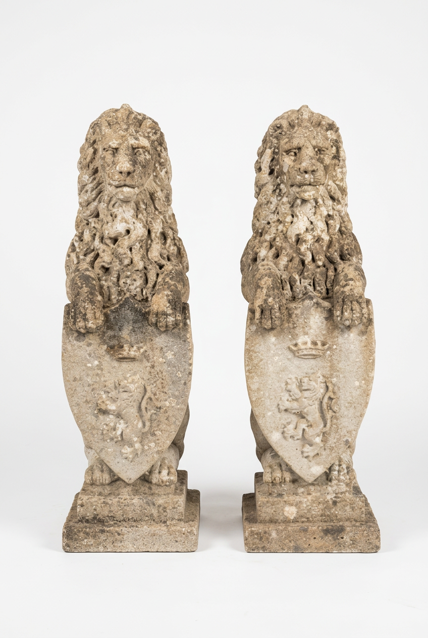 Pair of weathered stone garden lions holding heraldic shields.