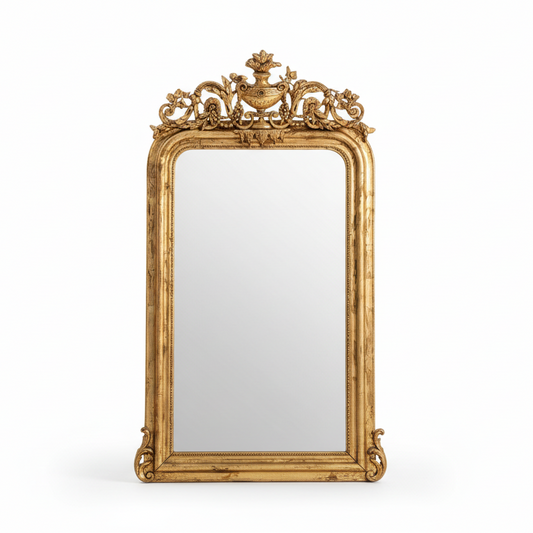 Gold-colored mirror with rounded upper corners and an urn-and-scroll crest.