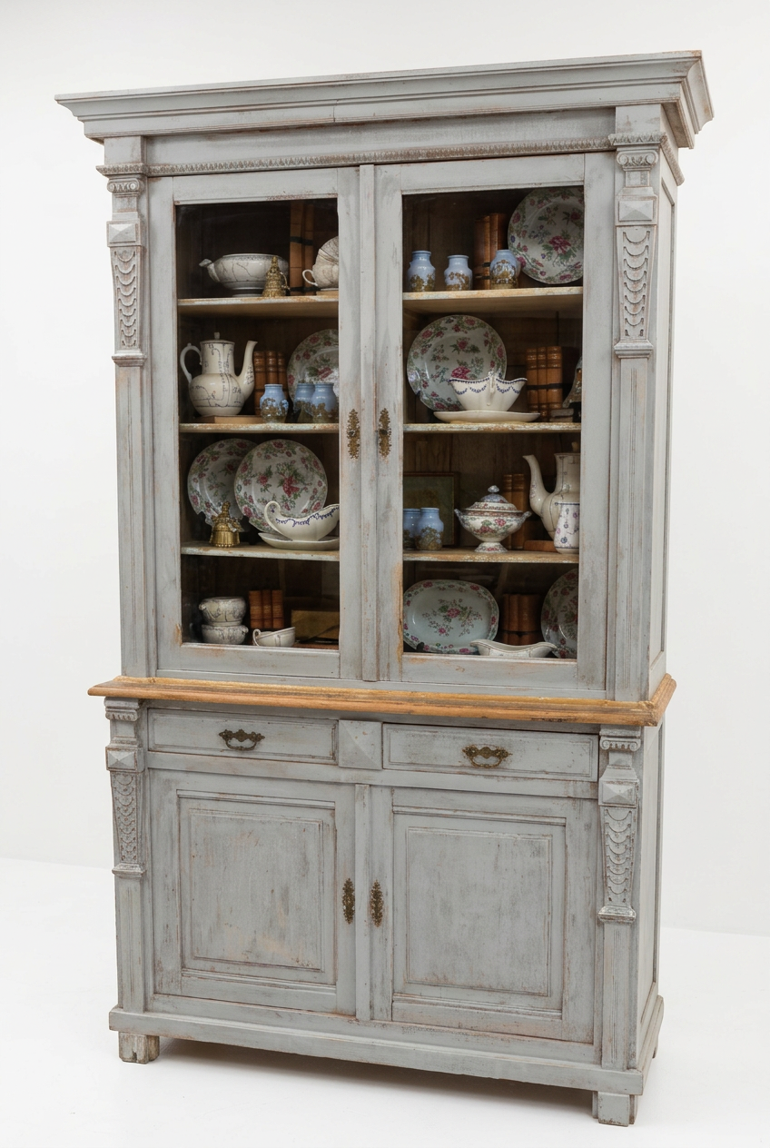 Pale blue-gray French cabinet with glass upper doors, two drawers and paneled lower doors, styled with ceramics and books.