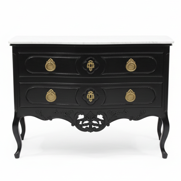 Black Dresser with Brass Handles White Marble Top Front Door Swings Opening