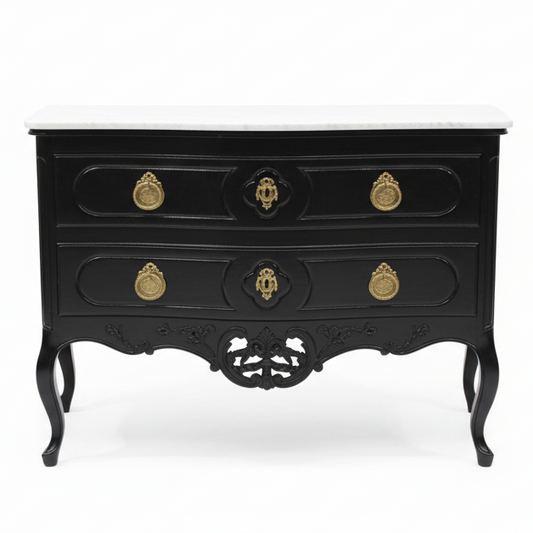 Black Dresser with Brass Handles White Marble Top Front Door Swings Opening