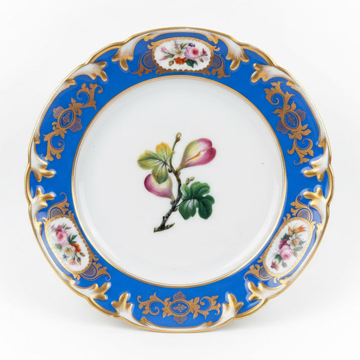 Circa 1850 French Paris Porcelain Plates with Hand Painted Fruit and Cobalt Gilt Rims
