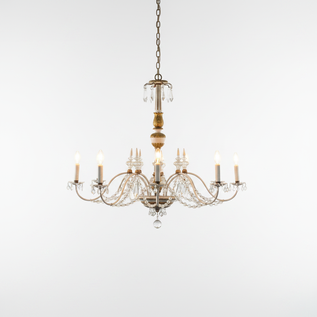 Italian Florentine Giltwood Chandelier with Hand-Carved Tole Details
