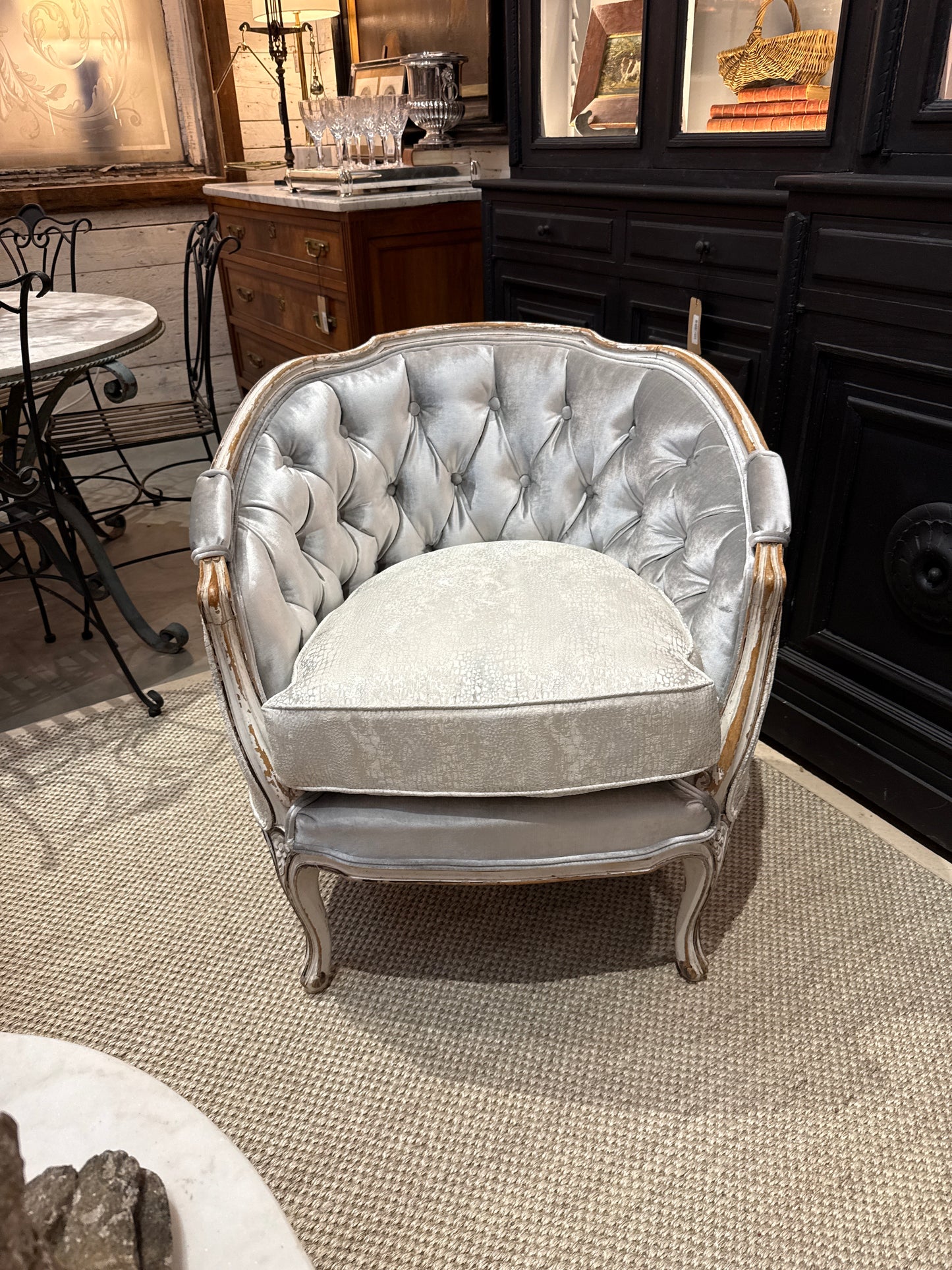 French Louis XV Style Tufted Settee in Silver Velvet Upholstery