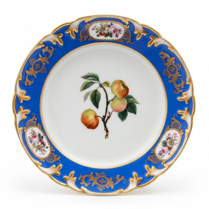 Circa 1850 French Paris Porcelain Plates with Hand Painted Fruit and Cobalt Gilt Rims