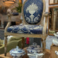 Antique French Louis XVI Style Armchair with Carved Frame & Urn Motif Upholstery