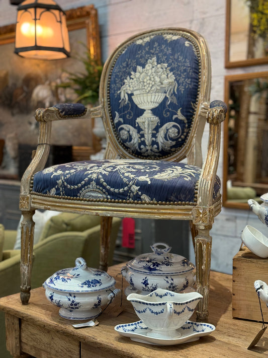 Antique French Louis XVI Style Armchair with Carved Frame & Urn Motif Upholstery