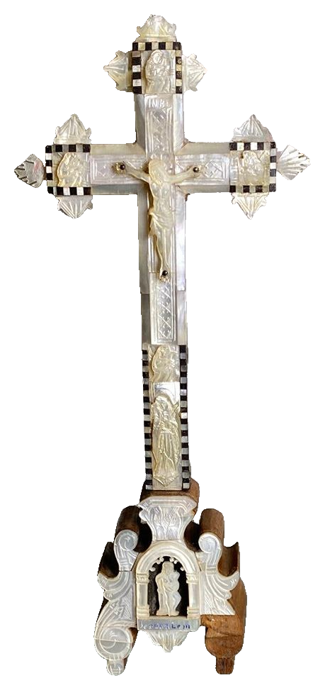 Carved Crucifix with Mother of Pearl on a white background