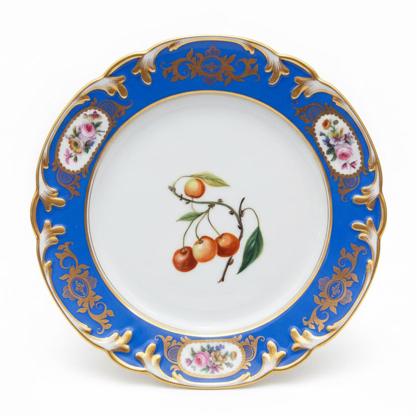 Circa 1850 French Paris Porcelain Plates with Hand Painted Fruit and Cobalt Gilt Rims