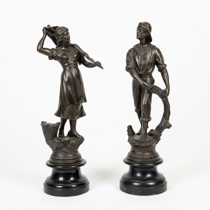 Pair of Bronze Fisher Figures on Wood Base, 1900