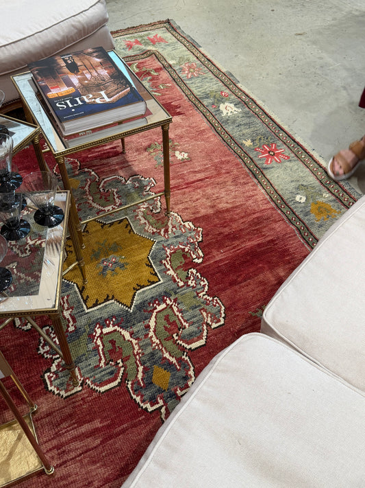 Vintage Turkish Hand Knotted Red and Green Rug