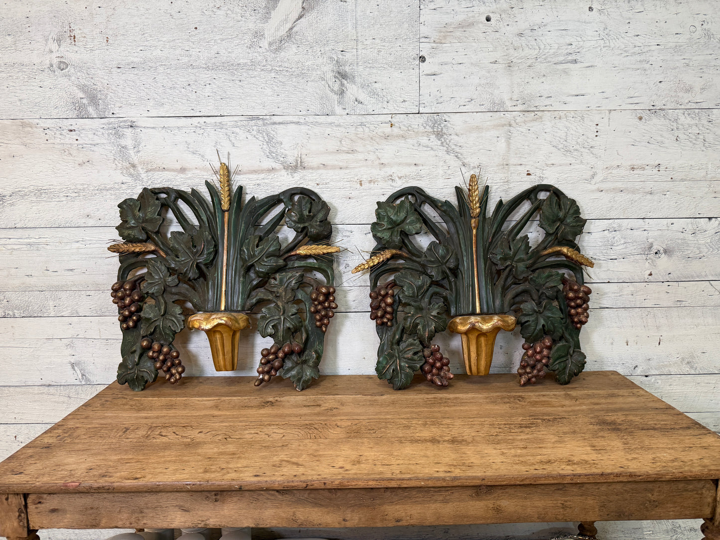 Large Pair of Antique Continental Carved Giltwood Harvest Wall Sculpture, Sold Individually