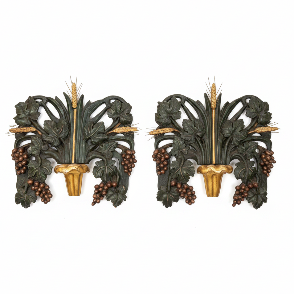 Large Pair of Antique Continental Carved Giltwood Harvest Wall Sculpture, Sold Individually