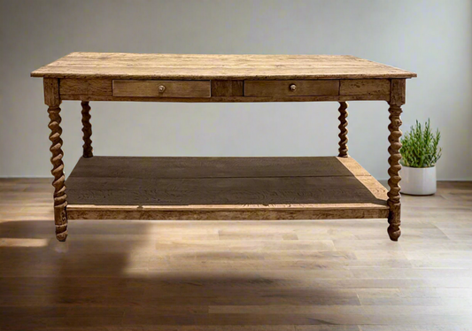 Antique Oak Barley Twisted French Drapers Table